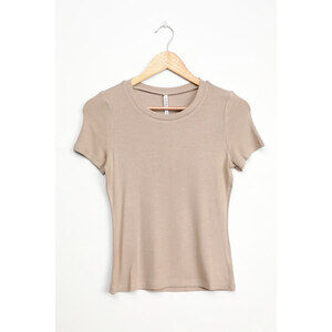 Lulus Basics Ready For Comfort Tan Ribbed Short Sleeve Tee Beige - Size M